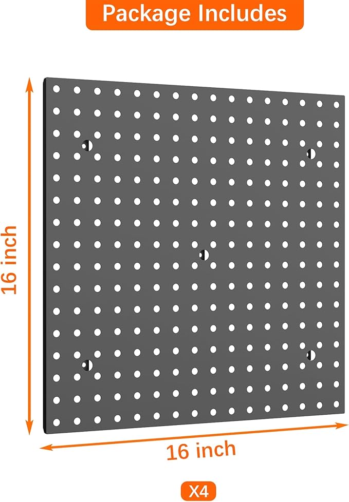 WALMANN 4PCS 16" * 16" Metal Pegboard Panels for Wall Garage Tools Pegboard for Garage, Workbench, Peg Board Tool Organizer Board(Pack of 4, Black)