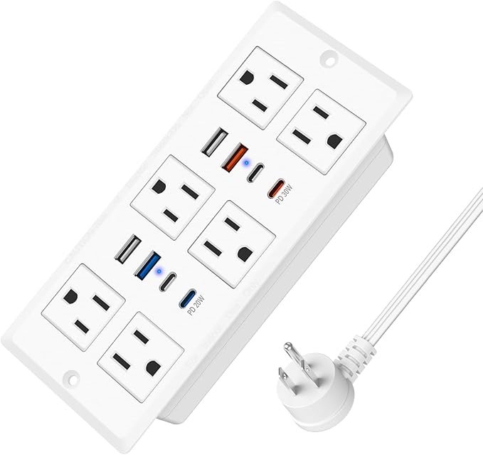 Recessed Power Strip with PD 30W Fast Charging, Conference Desk Flush Mount Outlets Plug in 6 Outlets & 8 USB Ports,3FT Cord Furniture Drawer Outlet White