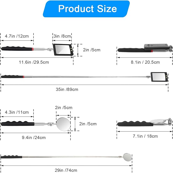 2 Pieces Telescoping Inspection Mirror, Round and Square LED Lighted Flexible Tool for Checking Vehicle, Mechanic Automotive Mirror