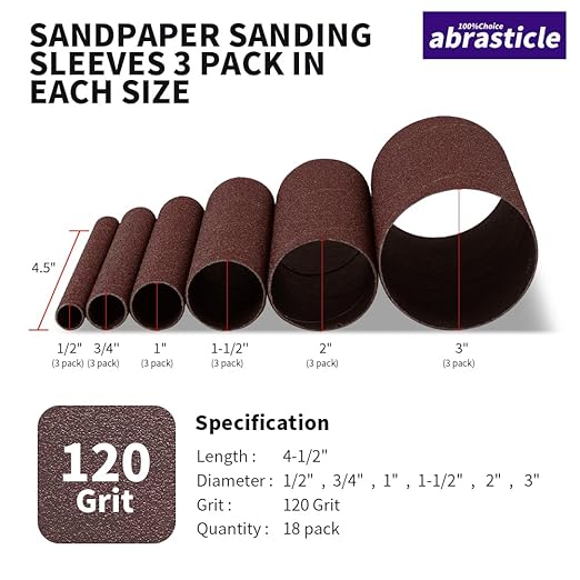 18 Pack Spindle Sander Sleeves, Sanding Sleeves for Oscillating Sander, 120 Grit Sandpaper, 4-1/2" Length, Each 3 of 1/2",3/4",1",1-1/2", 2", 3" Diameter