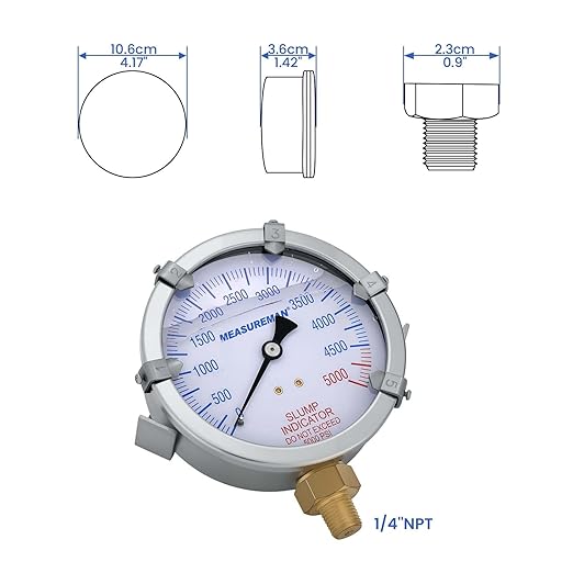 MEASUREMAN Concrete Pump Slump Indicator Gauge, 4 Inch Dial, 0-5000 PSI with 5 Adjustable Target Pointers, Glycerin Filled, 304 Stainless Steel Case, 1/4 NPT Lower Mount