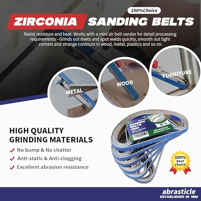 3/8" x 13" Zirconia Sanding Belts for Metal, 3/8 x 13 Inch Zirconia Metal Grinding Sand Paper, 36 PCS 6 Each of 60/80/100/120/180/240 Assorted Grits