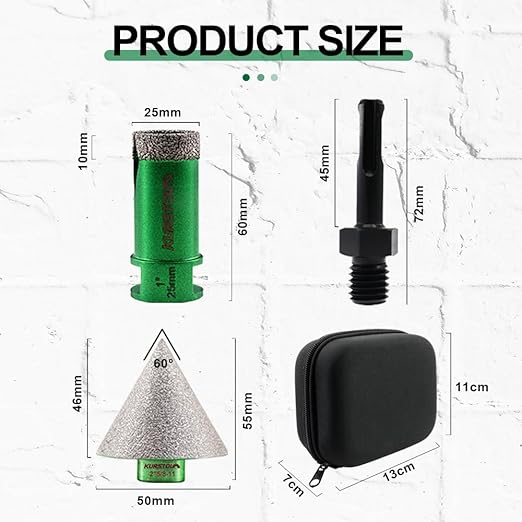 Tile Hole Saw Kit - 1" Diamond Core Drill Bits+2" Beveling Chamfer Bit+SDS Adapter to 5/8-11" Thread for Porcelain Ceramic Tile Granite Marble Angle Grinder