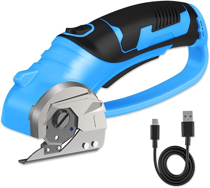 Cordless Electric Scissors, 4V Box Cutter & Cardboard Cutter with Upgrade Blade, LED Light, Safety Lock - Rechargeable Rotary Cutter for Fabric, Leather, Plastic, Crafting, Sewing, Industrial (Blue)