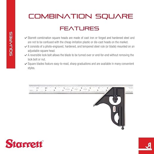 Starrett Steel Combination Square with Square Head - 12" Blade Length, Forged and Hardened Steel Heads, Reversible Lock Bolt, Scriber, 16R Graduation Type - C33H-12-16R
