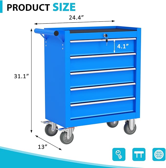 5 Drawers Rolling Tool Chest, Portable Storage Tool Box with Wheels, Tool Chest with Lock for Warehouse, Garage, Repair Shop and Tool Room