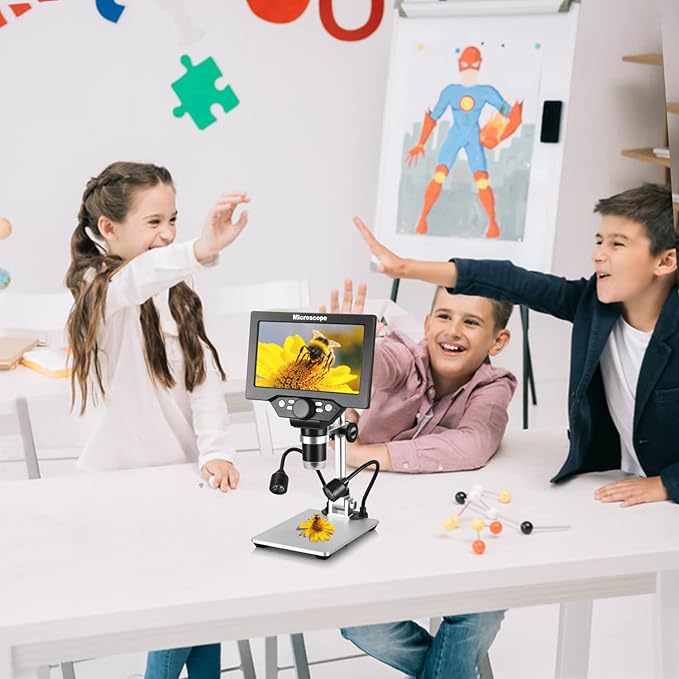 Koolertron 7" 12MP Digital Microscope, 1200X Magnification, 1080P USB Camera, 32GB TF Card, PC View, Rechargeable, LED Lights for Coin/PCB/Jewelry/Plant/Rock Inspection