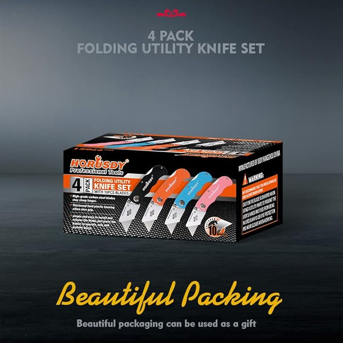 HORUSDY 4-Pack Folding Utility Knife, Box Cutter for Cardboard, Boxes and Cartons, Extra 10pcs SK5 Quick Change Blades.