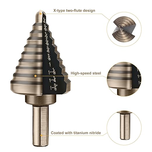Aleric Step Drill Bit Set - 5 Pcs High Speed Steel Titanium Step Drill Bits, Step Bits for Metal,Wood,Plastic, Step Bit, Multiple Size Hole Cutting Drilling Cone Unibit Step Drill Bit for DIY Lovers