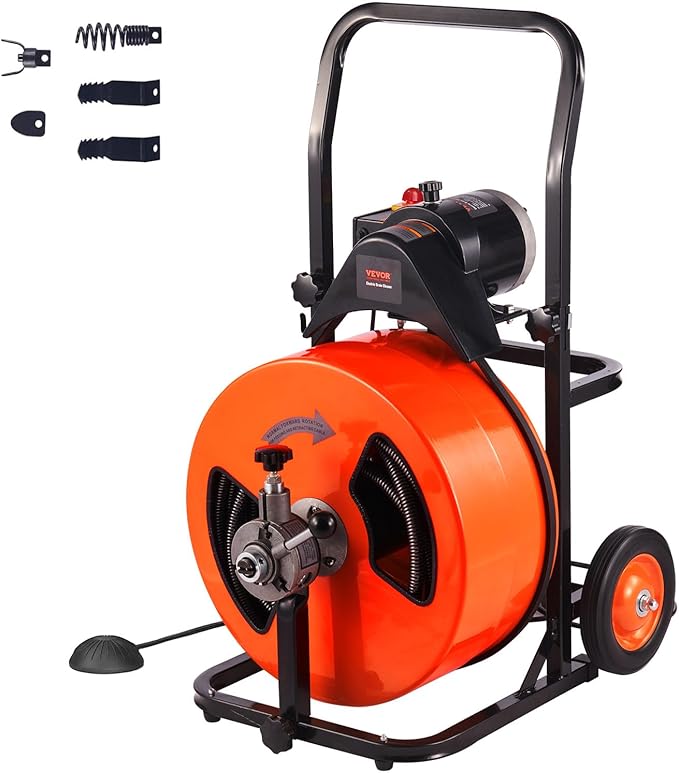 VEVOR 100FT x 3/4 Inch Drain Cleaning Machine Sewer Auger Auto Feed with 4 Cutter & Air-activated Foot Switch for 4" to 8" Pipes, Orange, Black