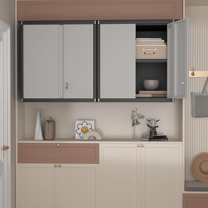 Metal Garage Wall Cabinet, Metal Wall Mounted Storage Cabinets with Lockable Doors and Adjustable Shelves, Floating Tool Cabinet for Garage, Home Office, Kitchen,BlackGrey