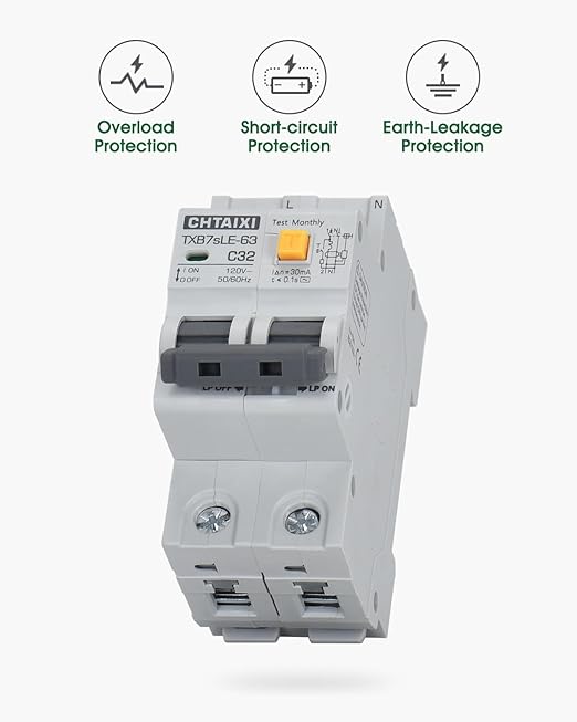 Ground Fault Circuit Breaker, 50 Amp 120V AC DIN Rail Mount Residual Current Circuit Breaker, Thermal-Magnetic Trip, Earth-Leakage Protection 30mA 1PN RCBO C50