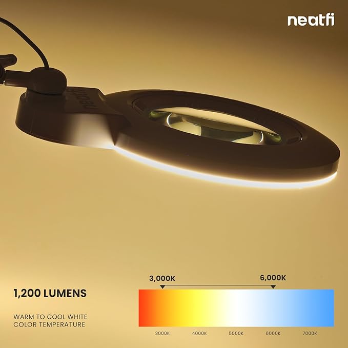 Neatfi (New Model) 1,200 Lumens LED Magnifying Lamp with Clamp, 8 Diopter, Correlated Color Temperature Control, 12W, 120 Pcs SMD LED (White, 5 Inch Lens)