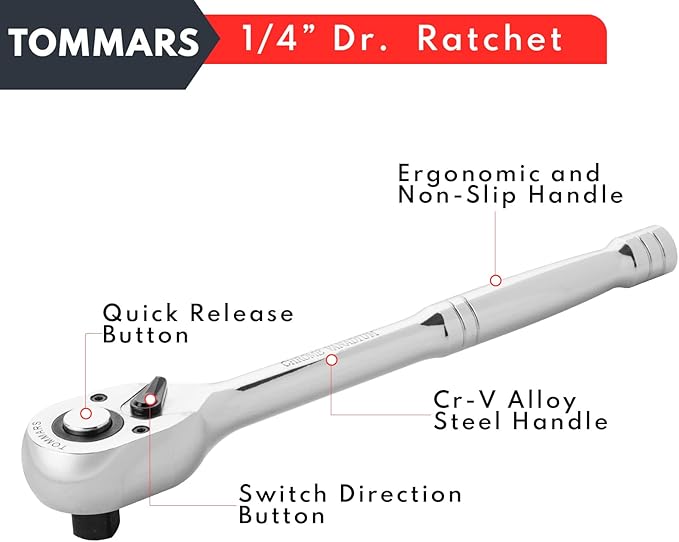 TOMMARS 1/4 inch Drive Ratchet, 72-Tooth Quick-Release Socket Ratchet Wrench Handle Reversible