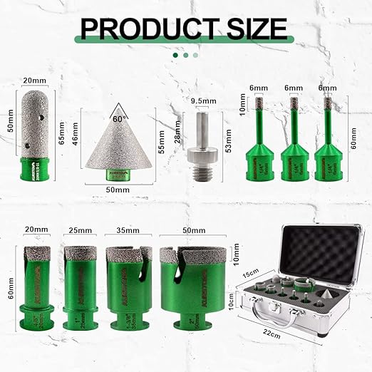 Diamond Core Drill Bits Kit - 7pcs 6/6/6/20/25/35/50mm+1pc 2" Beveling Chamfer Bit+1pc 3/4" Finger Milling Bit+Triangle Adapter to 5/8-11" Thread for Porcelain Ceramic Tile Granite Marble