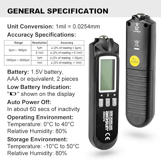 allsun Digital Paint Thickness Tester Car Paint Depth Gauge Meter UM/mil,0-2000UM Range Auto Power Off 3 Data Hold Modes