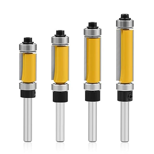 4Pcs Top and Bottom Bearing Flush Trim Router Bits Set 1/4 Inch Shank, Carbide Pattern Flush Trim Cut Router bit, 1/2 Inch Cutting Diameter, 3/4", 1", 1-1/4", 1-1/2" Inch Cutting Length (Size A)