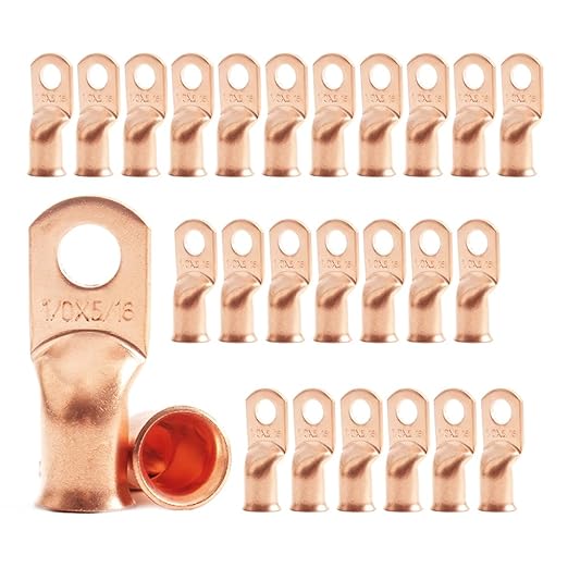 25Pcs 1/0 AWG 5/16" Stud Tinned Copper Ring Terminals Battery Cable Ends Wire Lugs 1/0 Gauge Battery Cable Lugs Heavy Duty Cable Lugs Bare Copper Eyelets Tubular Ring Terminal Connectors
