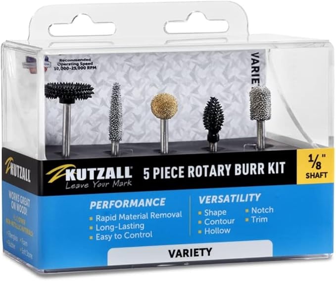 Kutzall 5-Piece Rotary Burr Kit - 1⁄8" Shaft, Variety Grit - Wood Carving Bits for Dremel, Foredom, Ryobi, DeWalt, Milwaukee Tools - Structured Tungsten Carbide