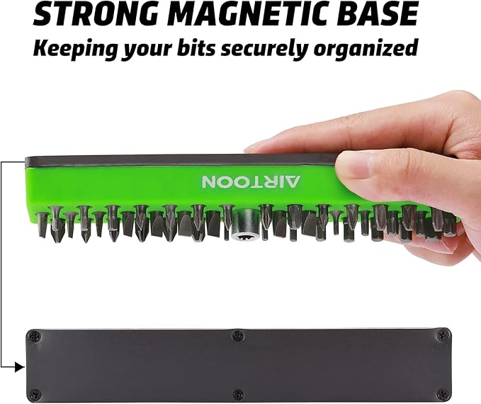 AIRTOON 1/4" Hex Bit Holder, 43 Holes Bit Storage with Strong Magnetic Base, Screwdriver Bit Organizer, Green