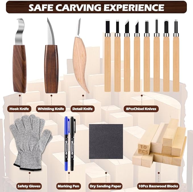 Christmas Wood Carving Kit, 24Pcs Carving Tools with Christmas Surprise Present,Whittling Knife Kit with 3 Block Carving Knives Advent Calendar 2025 for DIY Aldult Beginners Hobby