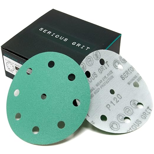 5-Inch 9-Hole 120 Grit Sanding Discs - Heavy-Duty Hook & Loop Film Discs - Sandpaper for Random Orbital Sanders - 50 Pack Box