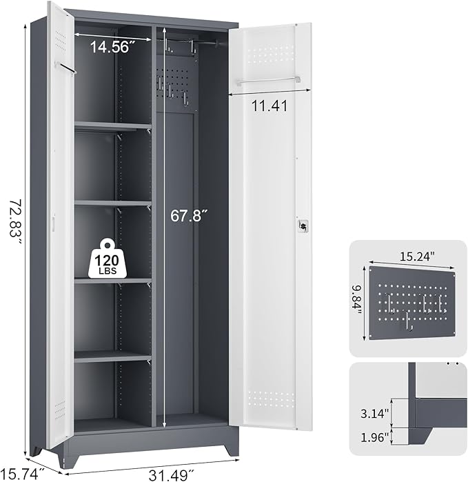 72.8" H Utility Closet Cabinet, Broom Closet Storage Cabinet with Locking Doors, Garage Tool Cabinets with Hanging Rod, Cleaning Storage Cabinets for Garage,Bedroom Office Grey&White