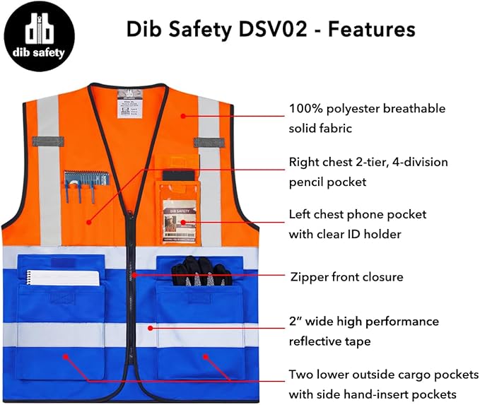 Dib Safety Reflective Vest High Visibility with Pockets and Zipper, Orange and Blue XL