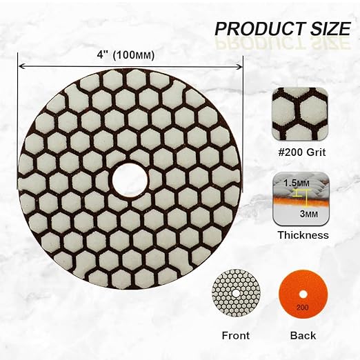 Dry Diamond Polishing Pads 4"/100mm - 8pcs Grit 200 Polish Pad Kit for Granite Marble Artificial Stone Quartz for Angle Grinder SANLEETEK