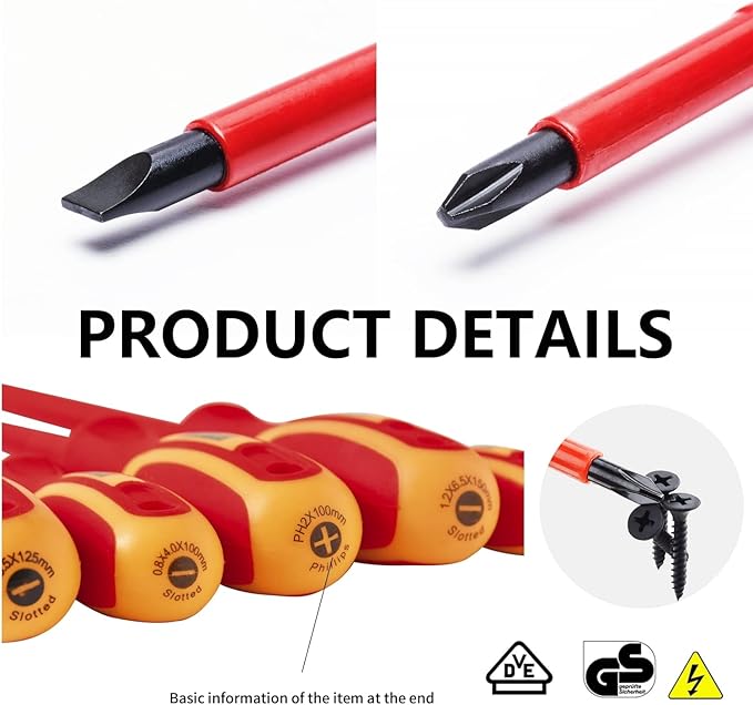 6-Piece 1000 Volts Insulated Screwdriver Set, Magnetic Tip Electrician Screwdriver Set, 4 Slotted and 2 Philips, with Plastic Supporter