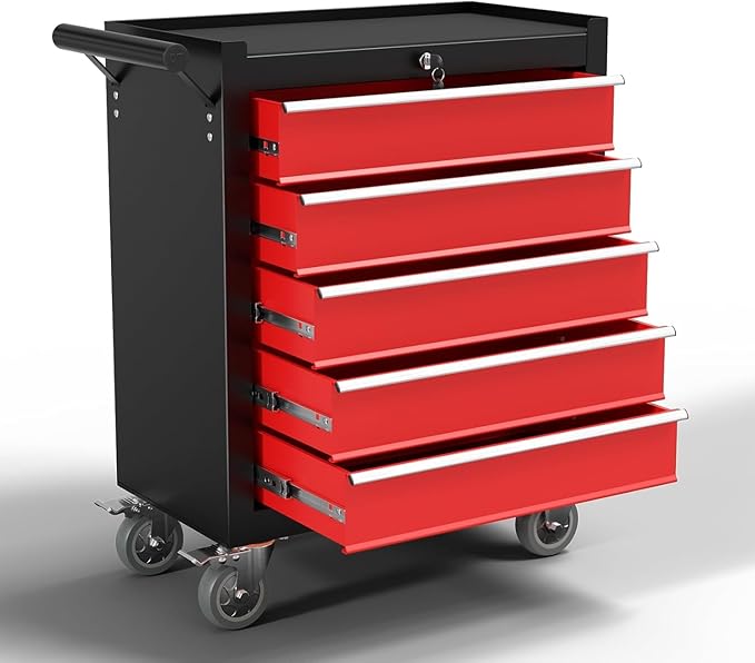 5-Drawer Metal Rolling Tool Chest with Wheels,Tool Storage Cabinet with Locking System，Toolbox with Wheels for Garage, Warehouse, Workshop, Repair Shop (Black&red, 5-Drawer)