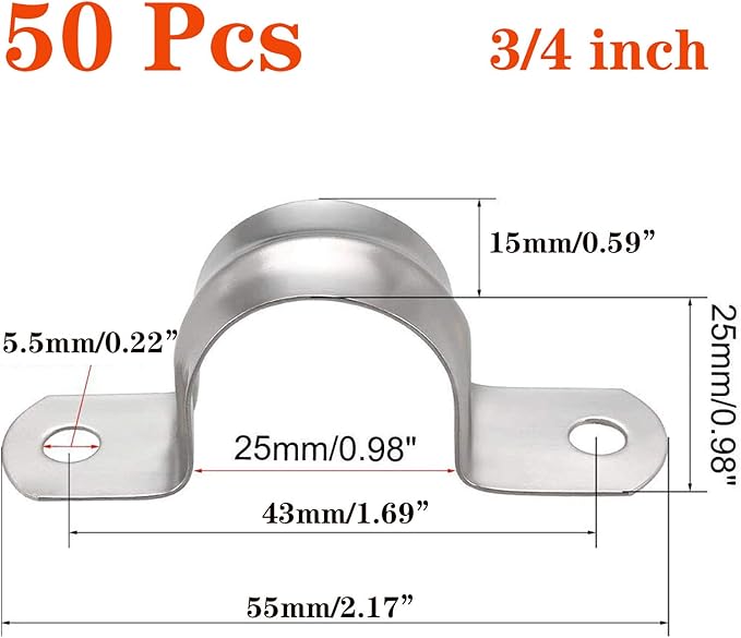 50 Pcs 3/4inch Rigid Pipe Strap,Two Hole Stainless Steel Strap U Bracket, Widened Tube Strap Tension Clip Assortment Kit Heavy Duty Pipe Clamp（25mm）