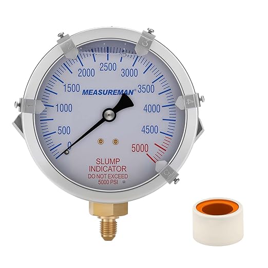 MEASUREMAN Concrete Pump Slump Indicator Gauge, 4 Inch Dial, 0-5000 PSI with 5 Adjustable Target Pointers, Glycerin Filled, 304 Stainless Steel Case, 7/16-20UNF Lower Mount