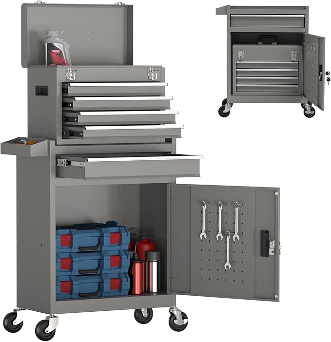 5-Drawer Tool Box with Wheels, Rolling Tool Storage Cabinet with Detachable Top Tool Chest and Locking Mechanism, Metal Tool Cart for Garage Workshop and Room Use (Gray)