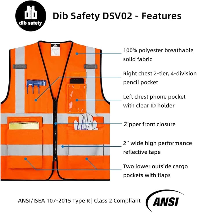 Dib Safety Vest Reflective ANSI Class 2, High Visibility Vest with Pockets and Zipper, Construction Work Vest Hi Vis Orange XL