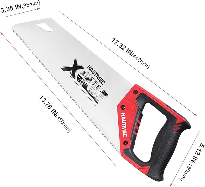 HAUTMEC 14-Inch X-Sharp Pro Hand Saw, Universal Wood Saw with 12 TPI Triple Ground Teeth, Thickened Carbon Steel Blade & Ergonomic Handle, Multi-Use Handsaw for Wood, Plastic, Drywall, PVC – HT0295