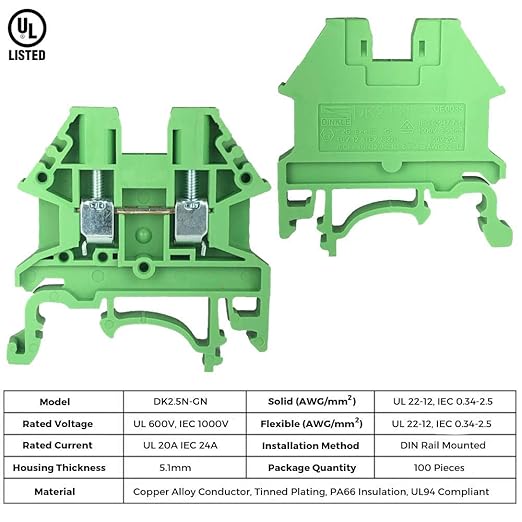 Dinkle Green DK2.5N-GN DIN Rail Terminal Block Screw Type UL 600V 20A 12-22AWG, Pack of 100