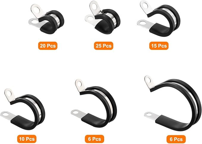 HARFINGTON 82pcs 304 Stainless Steel Cable Clamps 3/8"-1-3/4" Rubber Cushioned Insulated Clamp Metal Loop Pipe Clamp for Tube Pipe Wire Cord Installation