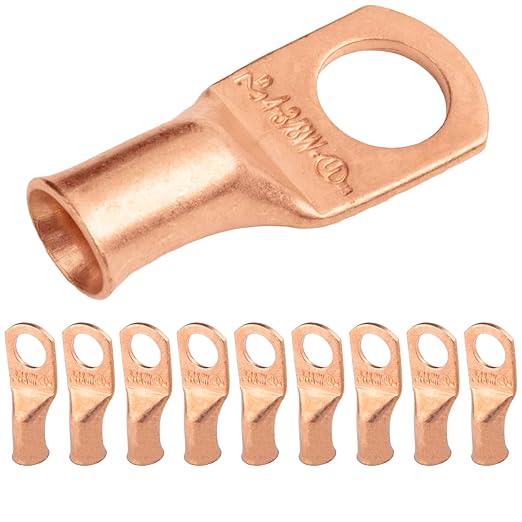 SELTERM 10pcs 4 AWG - 3/8" Stud (Wide Pad) - Battery Lugs, Heavy Duty Wire Lugs, Ring Terminals, Battery Cable Ends,4 Guage Terminals, UL Bare Copper Eyelets Electrical Battery Terminal Connectors
