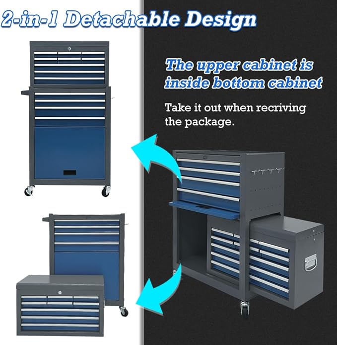 13 Drawers Tool Chest with Wheels,Large Capacity Tool Storage Cabinet with Removable Top Toolbox, Locking Mechanical Tool Cart with Liner,Suitable for Garages, Warehouses-Blue&Grey