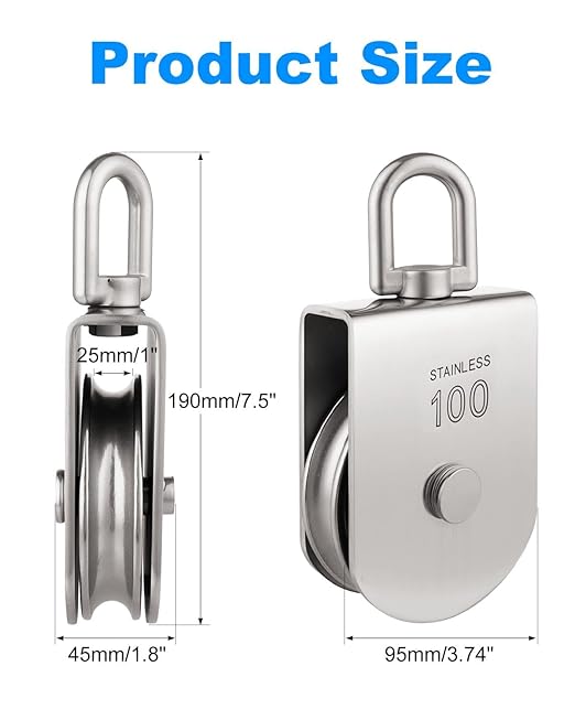 Rocaris M100 Lifting Single Pulley Roller Loading 3300Ibs, 304 Stainless Steel Heavy Duty Single Wheel Swivel Lifting Rope Pulley Block