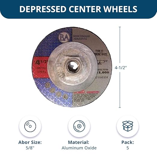 Benchmark Abrasives Grinder Cut Off Wheels 4 1/2 Inch Aluminum Oxide Depressed Center Type 27, 5/8"-11 Threaded Flange, 1/4" Thick Angle Grinder Cutting Disc Grinding Cutting Wheel - 10 Pack