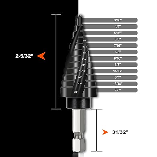COMOWARE M35 Cobalt Step Drill Bit, 4 Spiral Flute, Step bit with 3/8" Hex Shank, 12 Sizes (3/16" to 7/8"), Steps bits for Metal, Stainless Steel, Aluminum/Wood/Plastic, Unibit for Electricians & DIY