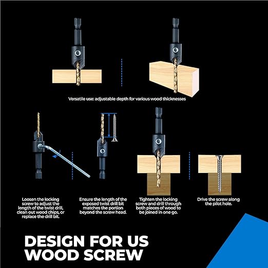 toolant Silence Combination Countersink Drill Bits Set, #4, #6, #8, #10, #12, High-Speed Steel Counter Sink Drill Bit Adjustable for US Wood Screw with Storage Case