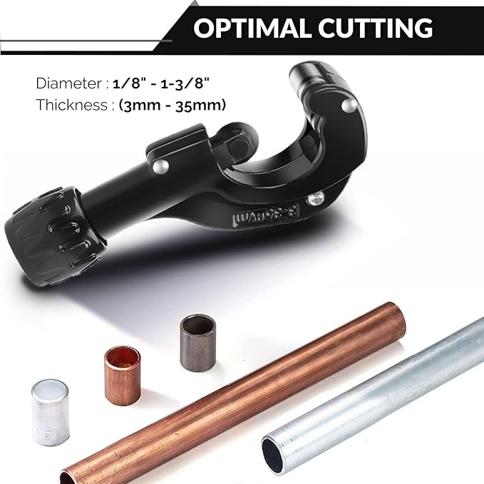 Flexzion Tube Cutter, Heavy Duty Tubing Pipe Cutter, 1/8 to 1-3/8 inch Cutting Diameter w/Reamer, Ideal for Cutting Copper, Aluminum, Brass, Steel, Plastic and More