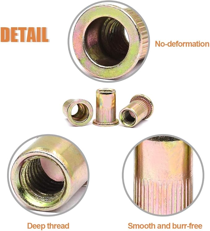 Keadic 220Pcs Metric Zinc Plated Carbon Steel Rivet Nut Flat Head Threaded Insert Nutsert Assortment Kit - 7 Sizes：M3 M4 M5 M6 M8 M10 M12