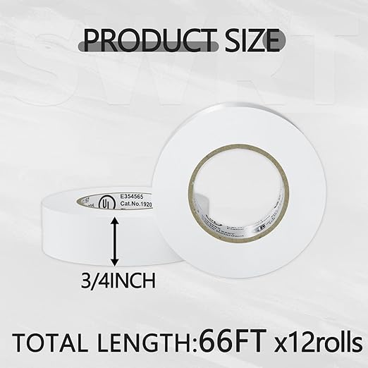SWRT 12 Pack UL/CSA Listed White Electrical Tape 7 mils -600V, 0.75 in x 66 FT White Electric Tape Flame Retardant, Strong Adhesive, for Home DIY Electrical Repairs Professional Installations