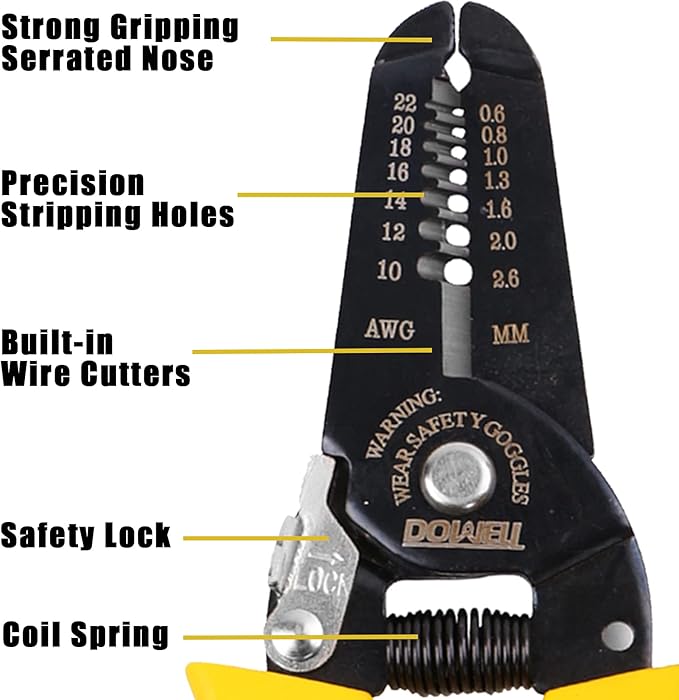 DOWELL 10-22 AWG Wire Stripping Tool Wire Stripper Cutter Pliers Tool Multi-Function Hand Tool for Electrician 2-Piece