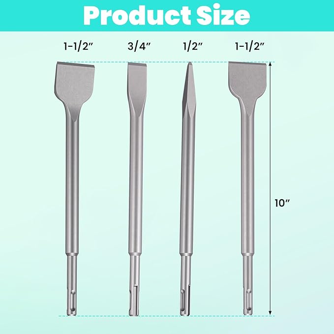 SDS Plus Chisel Set for Rotary Hammer Drills, 4 PCS SDS Chisel Set Includes Point, Flat, Scaling, Tile, 40Cr Steel, Hammer Drill Bits for Brick, Concrete, Block, Masonry