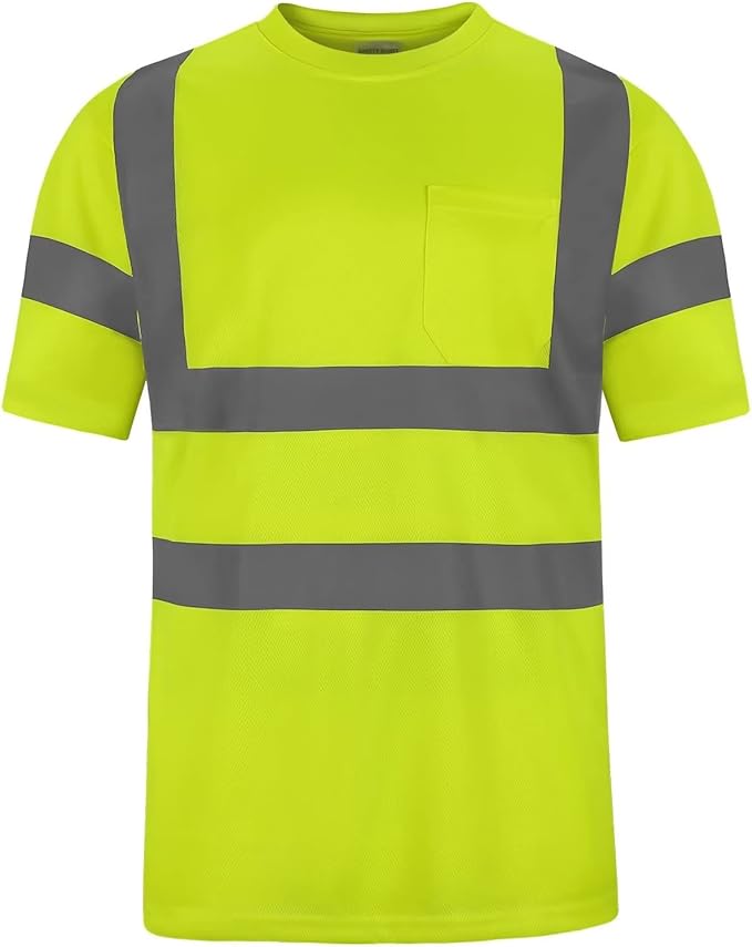 High Visibility Class 3 T Shirts，Hi Vis Safety Shirts with Reflective Strips and Pocket, Short Sleeve Quick Dry Mesh Construction Work Shirt for Men/Women Lime,Large